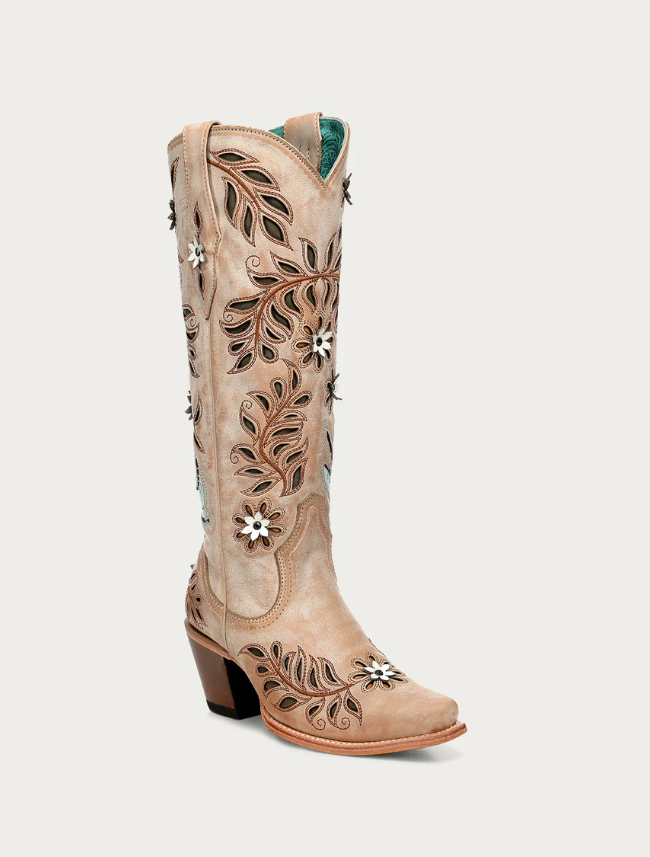 Corral Women's Straw Laser, Flowers & Birds Inlay Cowboy Boots