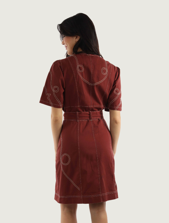 Scully Terracotta Contrast Stitch Button Front Dress