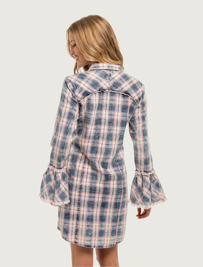 Madison Creek Addison Bell Sleeve Shirt Dress in Indigo Plaid