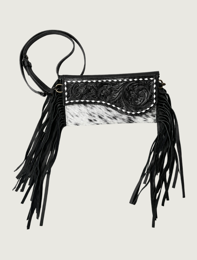 Mavericks Tooled Leather Fringe Bag with Speckled Cowhide