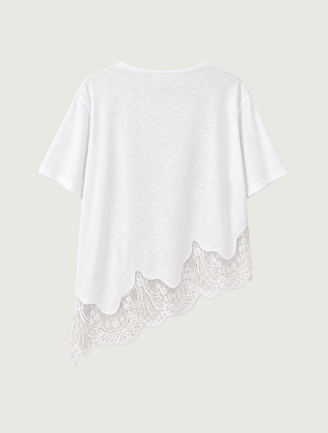 Raisonnel White Slub Knit Lace Hem Tee