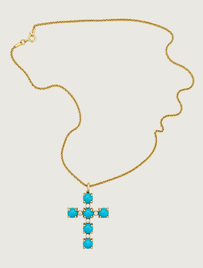 14K Yellow Gold Turquoise & Diamond Cross Pendant