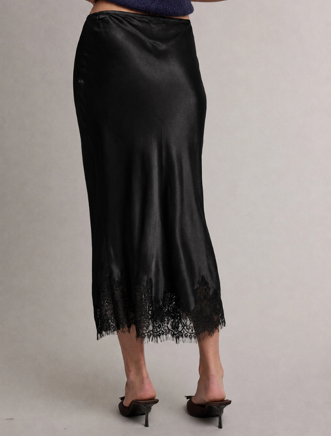 Raisonnel Satin Lace Trim Midi Skirt