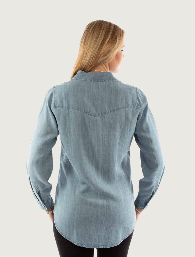 Scully Women's Light Blue Denim Floral Embroidered Snap Front Shirt