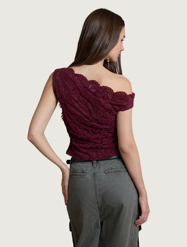 Raisonnel One-Shoulder Ruched Lace Top