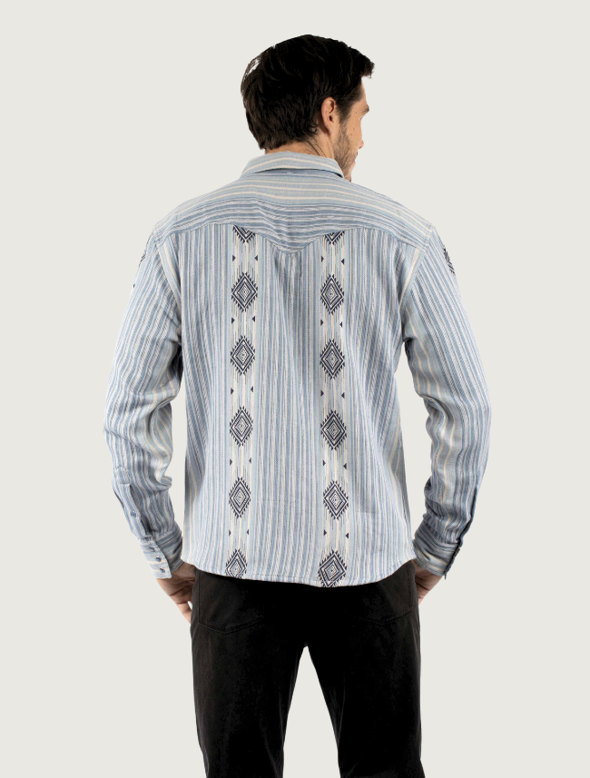 Model wearing Scully diamond and stripe woven western shirt, back view