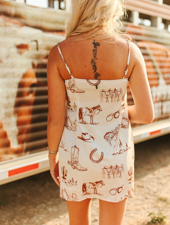 Lucky & Blessed Cream Western Print Concho Strap Mini Dress