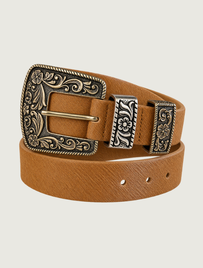 Streets Ahead Floral Engraved Hair-On Hide Belt in Tan