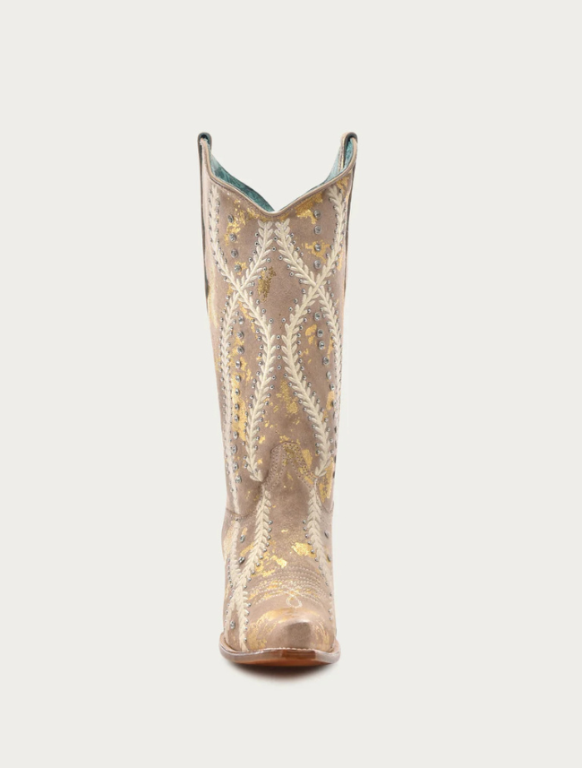 Corral Women's White Embroidery & Crystals Tan Cowboy Boots