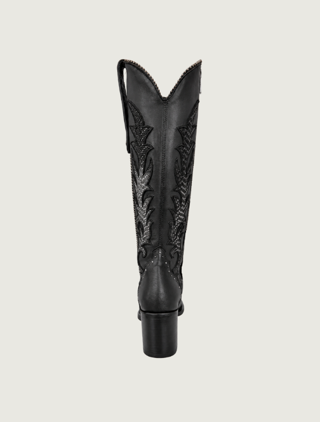 Cuadra Black Embroidery & Studs Zippered Cowgirl Boots