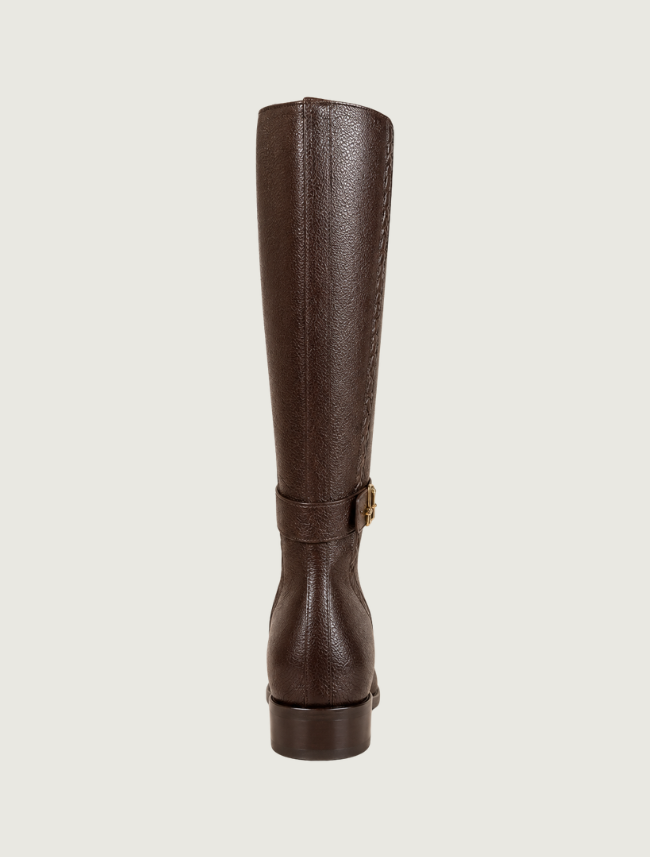 Cuadra brown riding boot, back view, showing the embossed panel and low stacked heel