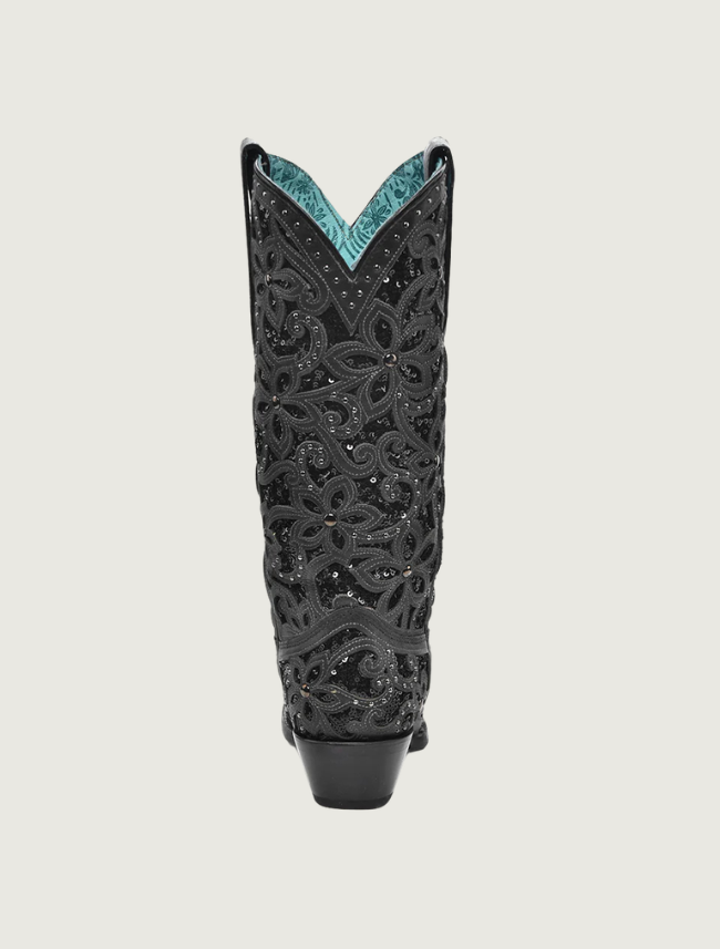 Corral Black Glitter Floral Inlay Cowgirl Boots with Crystals & Studs