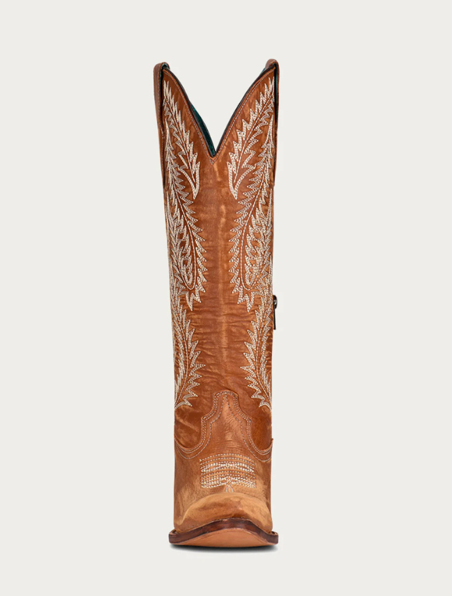 Women's White Embroidery Tan Snip Toe Cowboy Boot