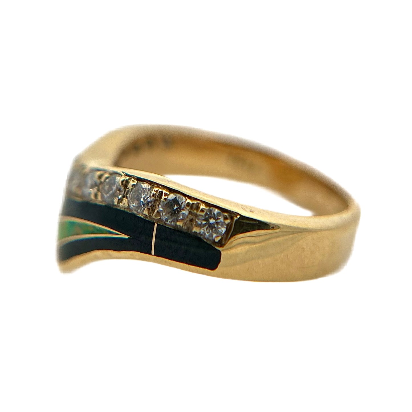 14K Yellow Gold Diamond, Black Jade, & Fire Opal Ring