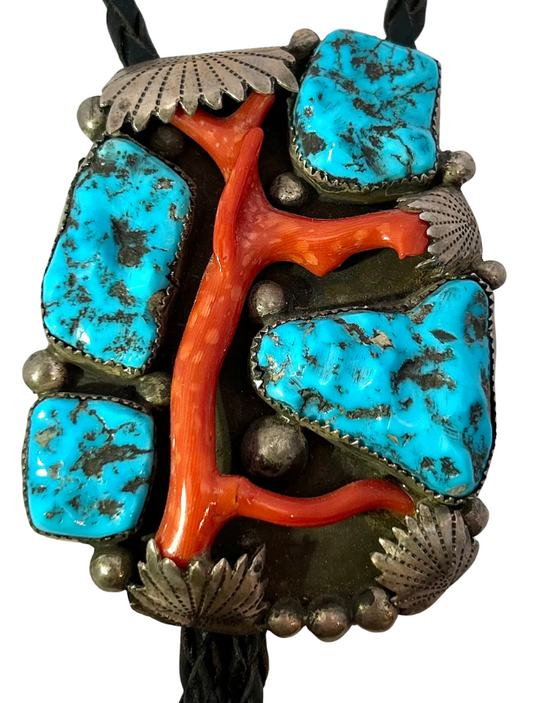 Sterling Silver Coral & Turquoise Bolo Tie