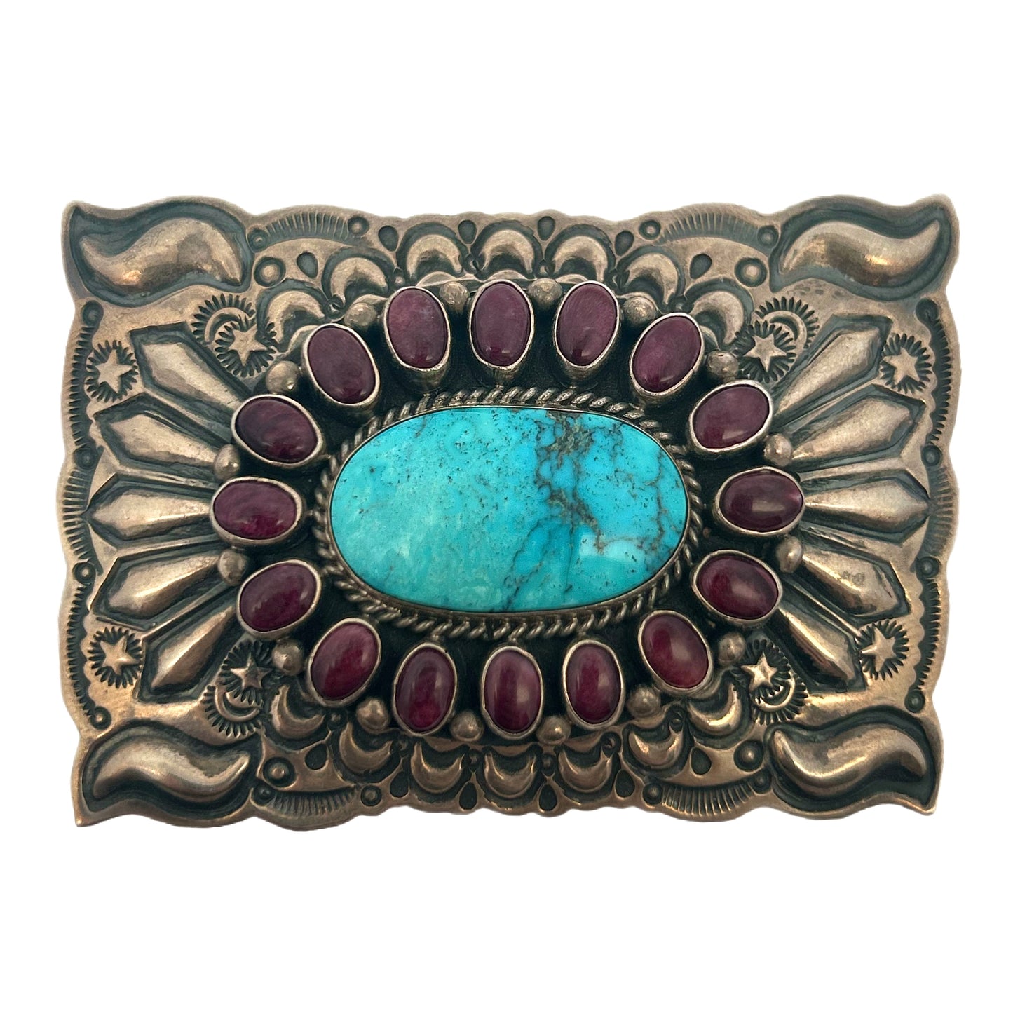 Kingman Turquoise & Purple Spiny Oyster Shell Silver Belt Buckle