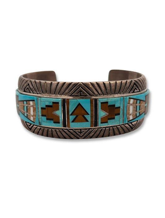 Front view of Abraham Begay Sterling Silver & Turquoise Inlay Cuff Bracelet