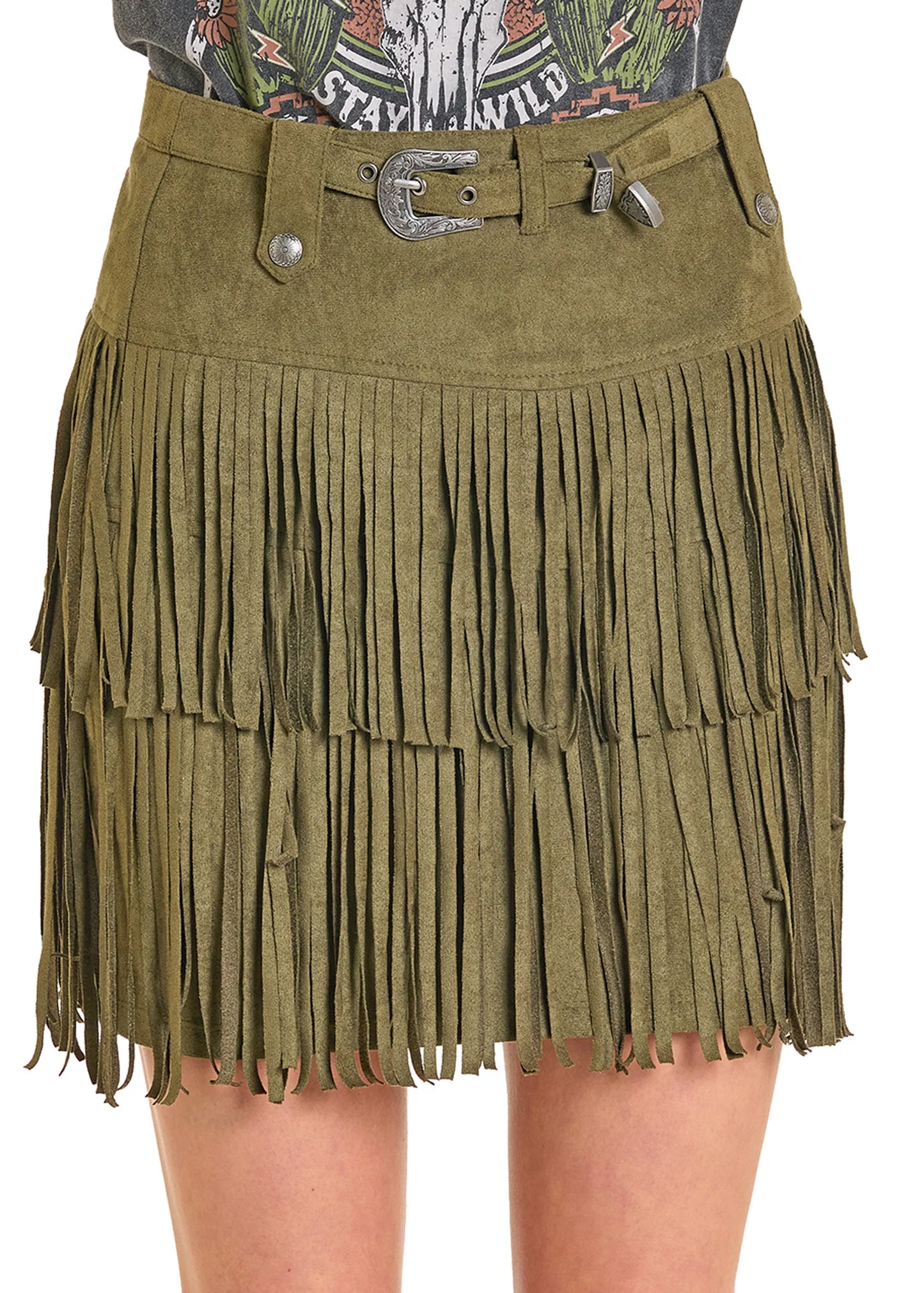 Rock & Roll Denim Fringe Microsuede Skirt