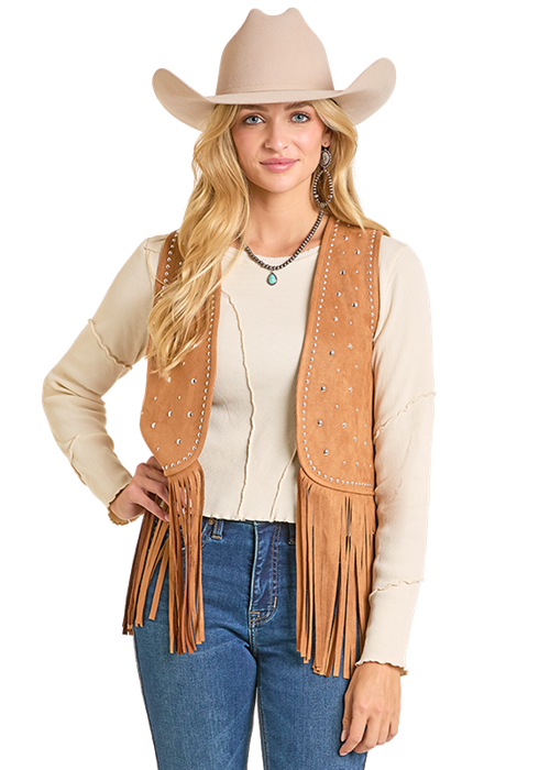 Rock & Roll Denim Women's Studded Vest with Fringe