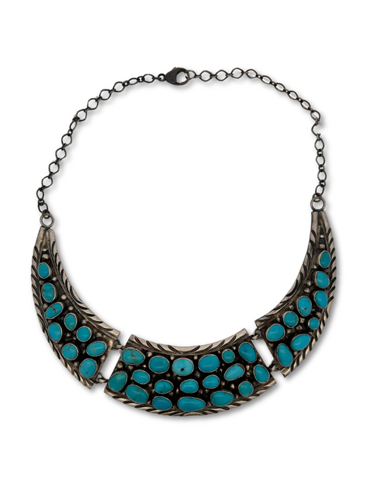 Top down view of Bobby Johnson Sterling Silver Turquoise Necklace