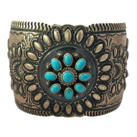 Darryl Becenti Sleeping Beauty Turquoise Silver Flower Cuff Bracelet