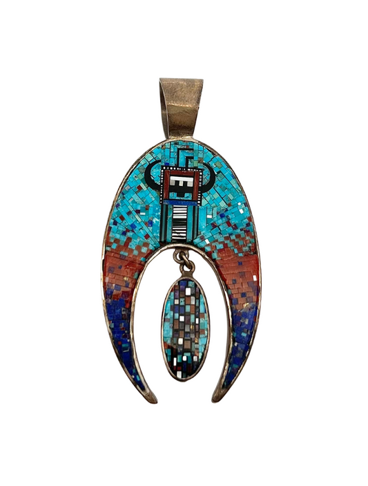 Front, pendant only view of Carl & Irene Clark sterling silver turquoise / lapis / coral necklace