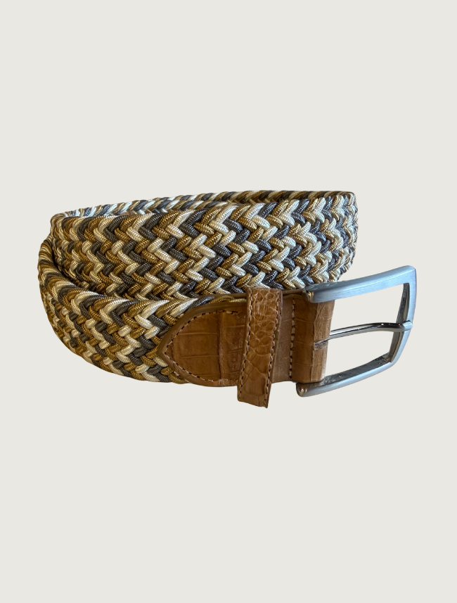 W. Kleinberg Carmel Stretch Belt with Croc Tabs and Brushed Nickel Buckle