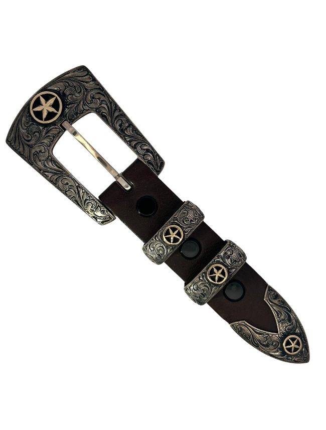 Top side of Chacon Sterling Silver & 14K Gold Ranger Belt Buckle Set