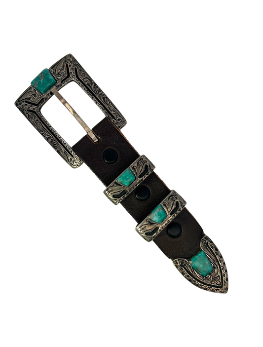Top side of Chacon Sterling Silver Turquoise Belt Buckle Set