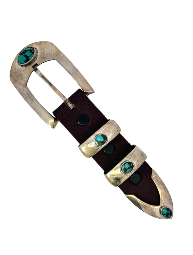Top side of Chacon Sterling Silver Turquoise Ranger Belt Buckle Set