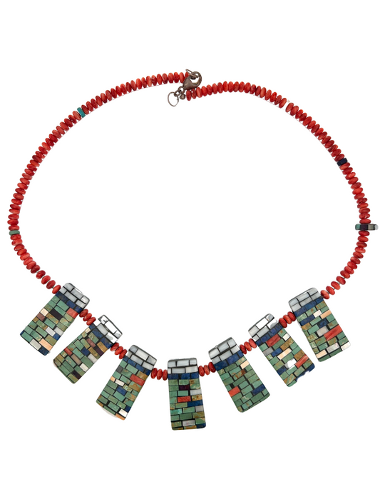 Front, top view of Charlene Reano sterling silver multicolor inlay and coral beaded necklace