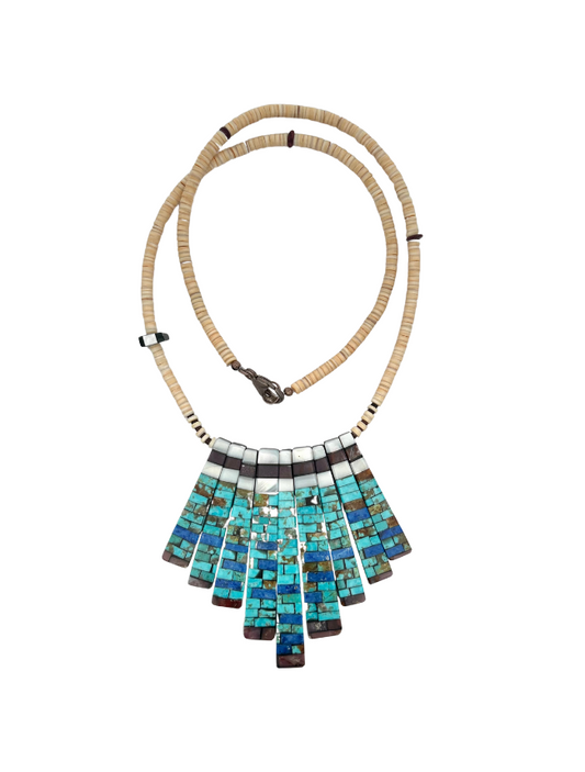 Front, top view of Charlene Reano sterling silver multicolor inlay & turquoise beaded necklace