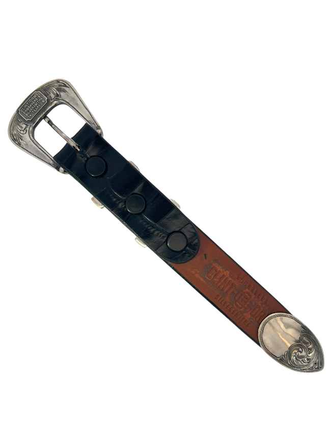 Underside of Clint Orms Sterling Silver, 14K Gold, & Sapphire Belt Buckle Set