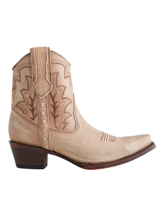 Beige cowboy boot with brown sole on a white background