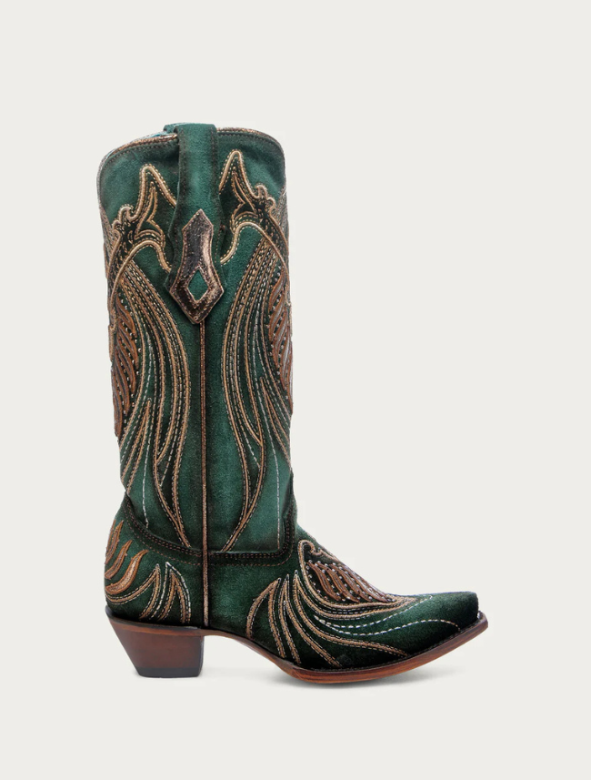 Green cowboy boot with intricate brown embroidery on a white background