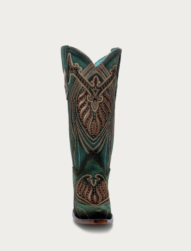 Green cowboy boot with intricate brown leather patterns on a white background