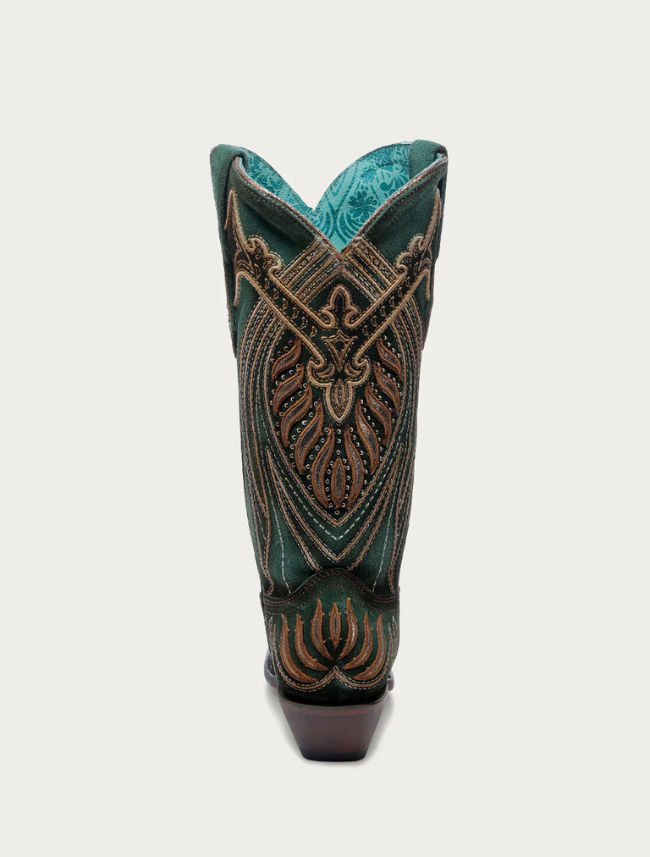 Green and brown cowboy boot with intricate patterns on a white background