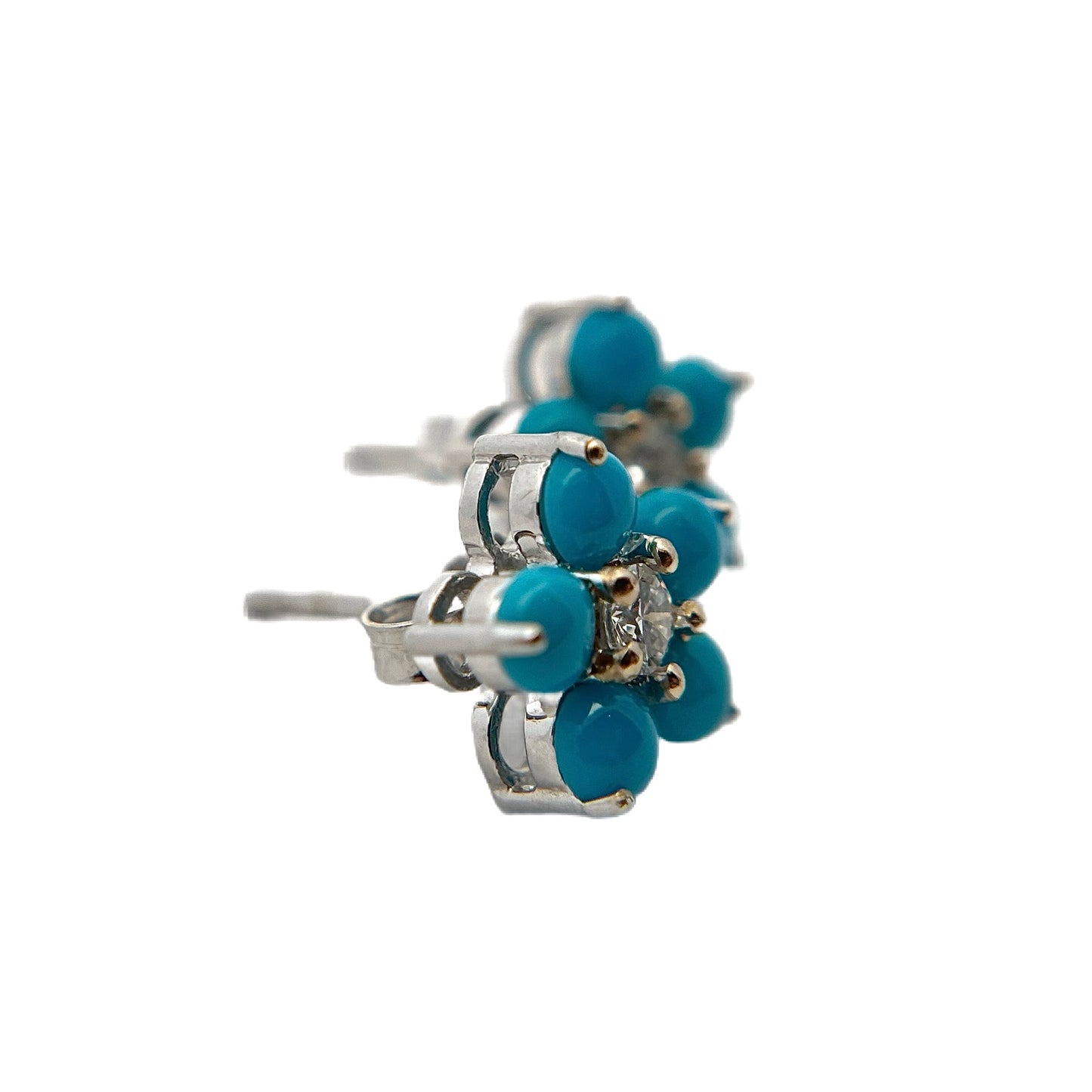 18K White Gold Sleeping Beauty Turquoise & Diamond Flower Studs