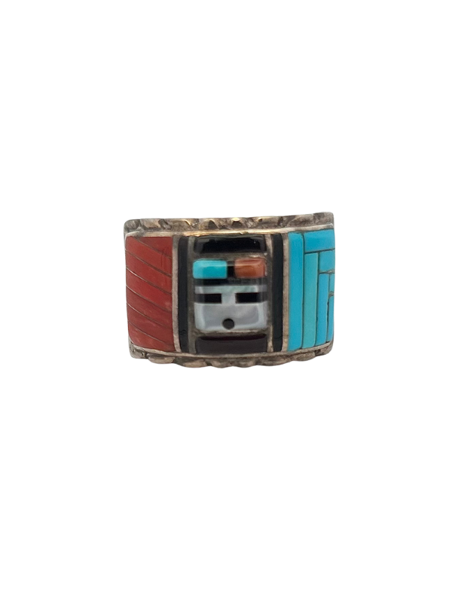 Front view of Don Dewa sterling silver sunface inlay ring with emphasis on sunface