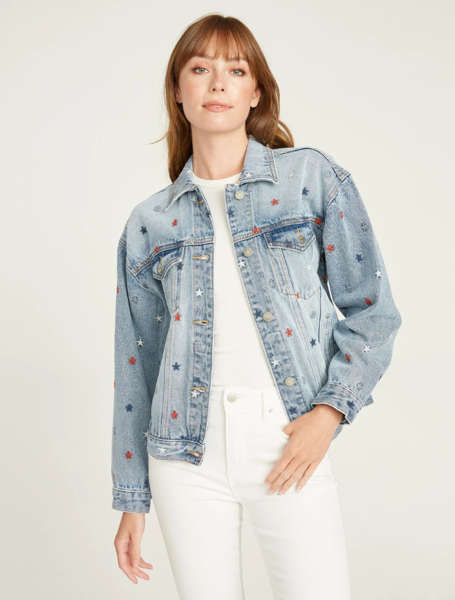 Front view of Driftwood Starry Eyed Denim Jacket on model