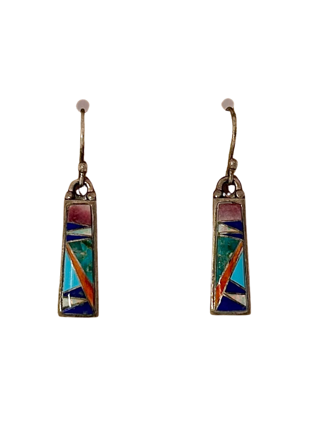 Front view of Ferris Sterling Silver Earrings with multicolor inlay