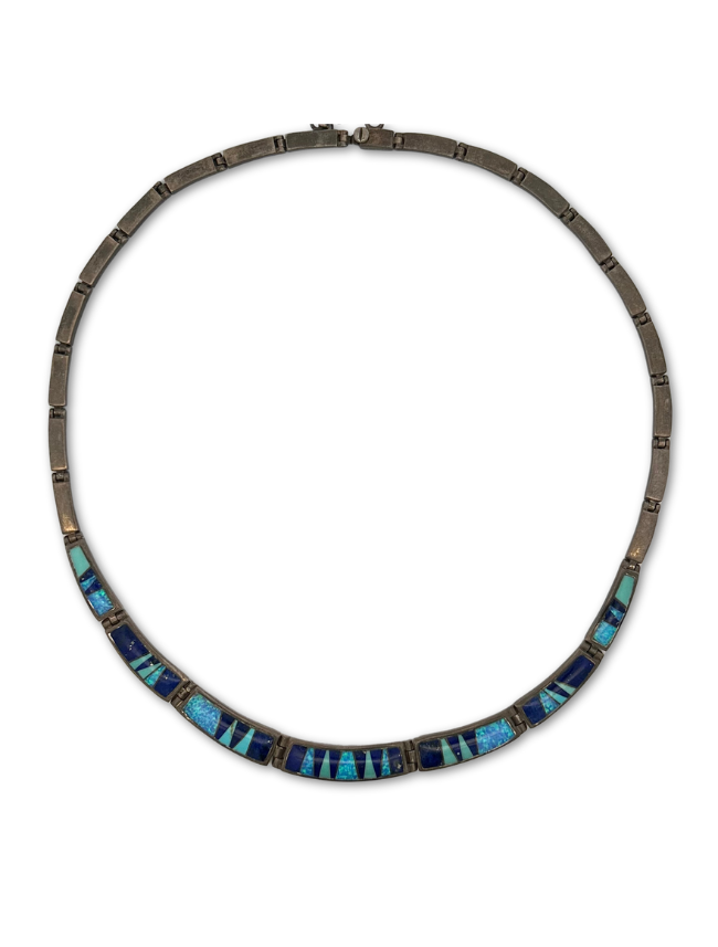 Top down view of Ferris sterling silver inlay necklace