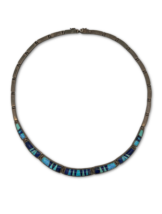 Top down view of Ferris sterling silver inlay necklace