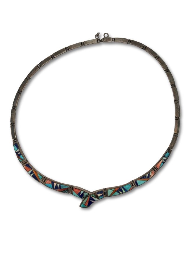 Top down view of Ferris sterling silver multicolor inlay necklace