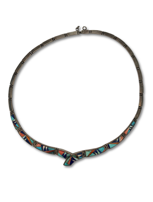 Top down view of Ferris sterling silver multicolor inlay necklace