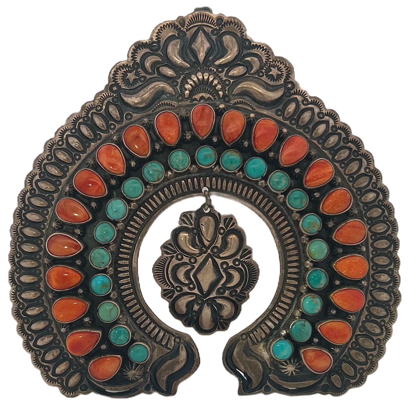 Large Royston Turquoise & Red Spiny Oyster Shell Silver Pendant