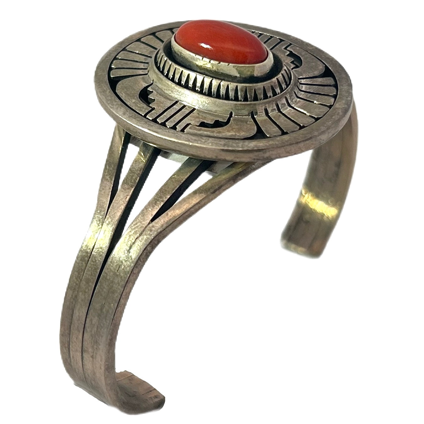Leonard Nez Sterling Silver & Red Spiny Oyster Shell Cuff Bracelet