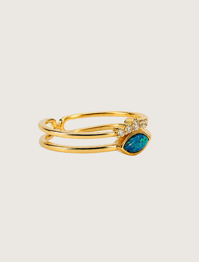 14K Gold Opal & Diamond Double Band Ring