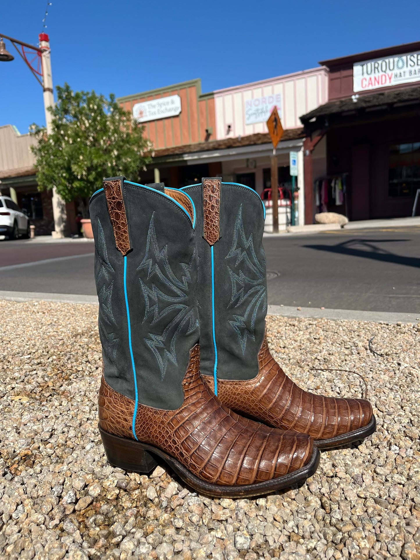 Rios of Mercedes Post Oak Caiman Belly Suede Boots