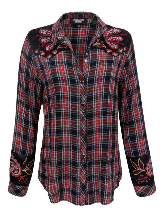 A red, black, and white plaid shirt with intricate floral and paisley embroidered details and puffed sleeves, buttoned at the neck.